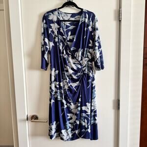 Soft Surroundings Hyannis Faux Wrap Tie Midi Dress Blue Floral Half Sleeve Sz